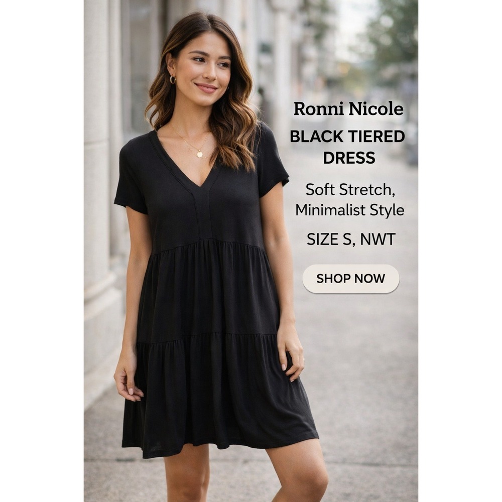 Ronni Nicole Black Tiered Dress Small Soft Stretch Babydoll  NWT
